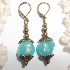 Earring Set Boho Style Rustic Bronze and Turquoise Blue Dangle Drop Fashion 6934